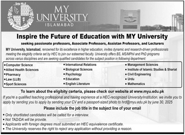 Teaching Jobs in MY University Islamabad